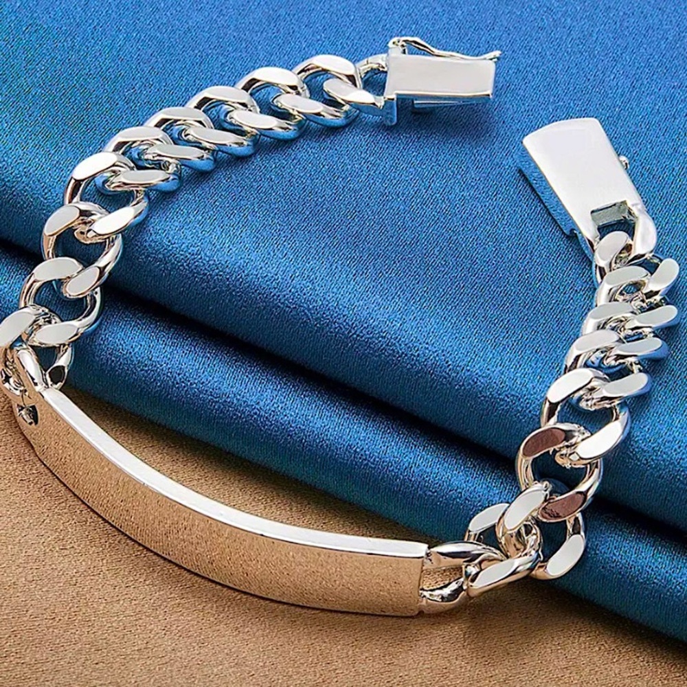 Unisex Sterling Silver 10mm Nameplate Bracelet Cuban Chain Link Sizes Vary